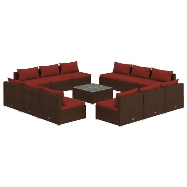 vidaXL 13 pcs conjunto lounge jardim c/ almofad&otilde;es vime PE castanho