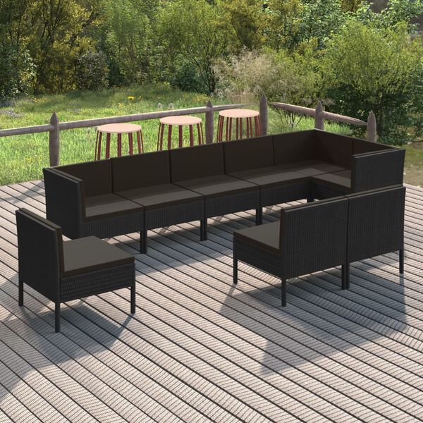 vidaXL 9 pcs conjunto lounge de jardim c/ almofadões vime PE preto