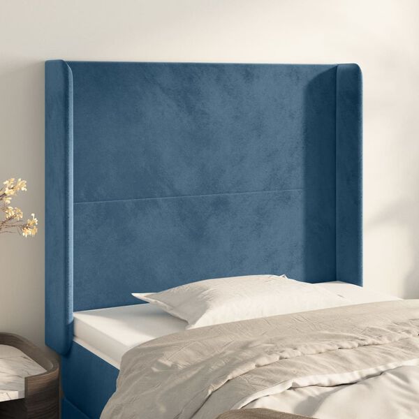 vidaXL Cabeceira cama c/ abas veludo 83x16x118/128 cm azul-escuro