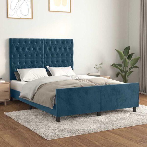 vidaXL Estrutura de cama sem colch&atilde;o 140x190 cm veludo azul-escuro