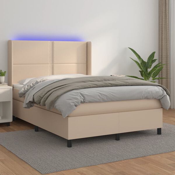 vidaXL Cama box spring c/colch&atilde;o/LED 140x190cm couro artif. cappuccino