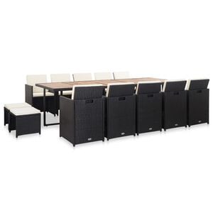 vidaXL 15 pcs conjunto jantar exterior com almofad&otilde;es vime PE preto
