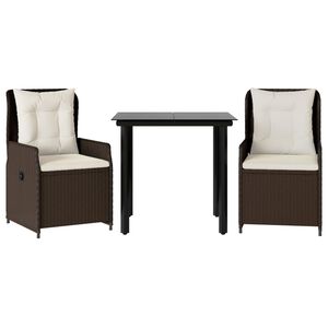 vidaXL 3 pcs conjunto jantar p/ jardim c/ almofad&otilde;es vime PE castanho