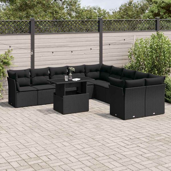 vidaXL 11 pcs conjunto sof&aacute;s de jardim c/ almofad&otilde;es vime PE preto