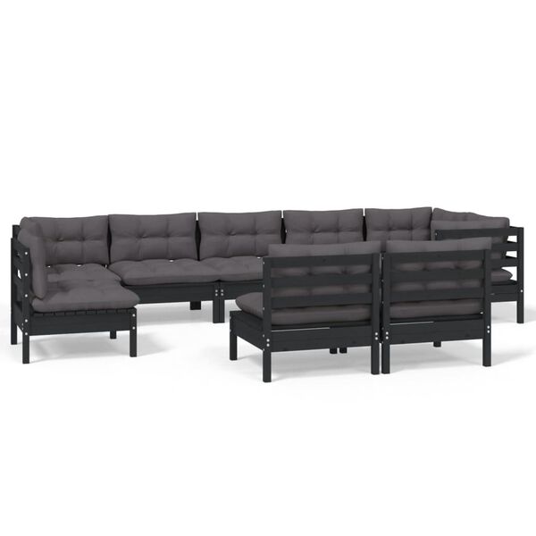 vidaXL 9 pcs conjunto lounge jardim c/ almofad&otilde;es pinho maci&ccedil;o preto