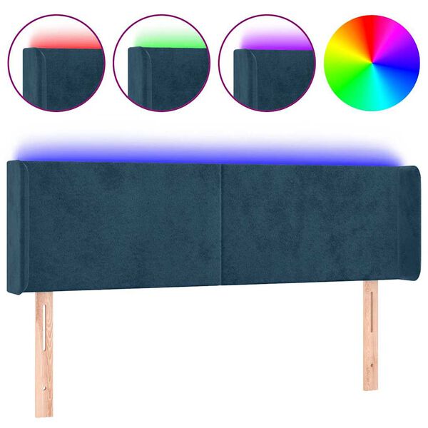 vidaXL Cabeceira cama c/ luzes LED veludo 147x16x78/88 cm azul-escuro
