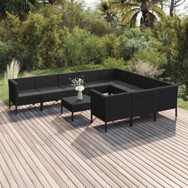 vidaXL 11 pcs conjunto lounge de jardim c/ almofad&otilde;es vime PE preto
