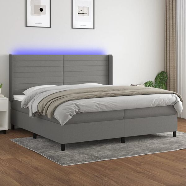vidaXL Cama box spring c/ colch&atilde;o e LED 200x200 cm tecido cinza-escuro