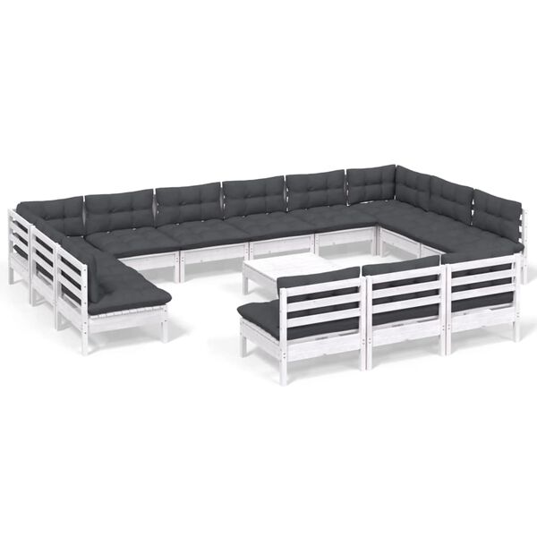 vidaXL 14 pcs conj. lounge de jardim c/ almofad&otilde;es pinho maci&ccedil;o branco