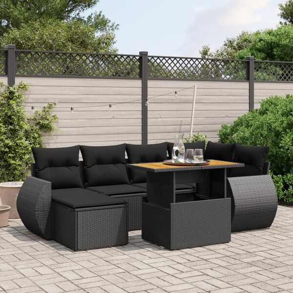 vidaXL 7 pcs conjunto de sof&aacute;s p/ jardim c/ almofad&otilde;es vime PE preto