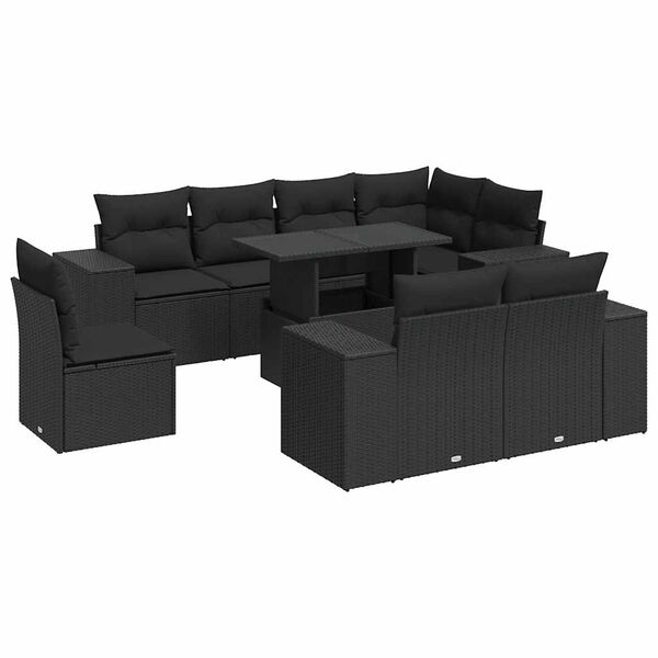 vidaXL 9 pcs conjunto de sof&aacute;s p/ jardim c/ almofad&otilde;es vime PE preto