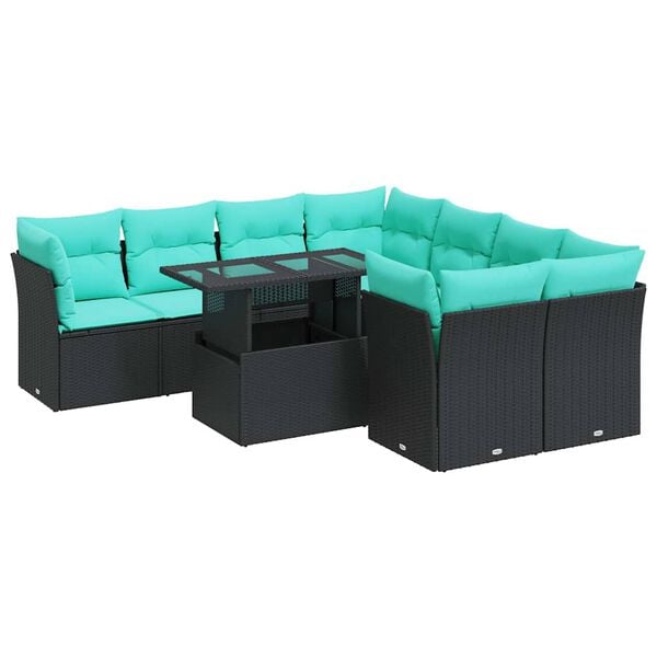 vidaXL 9 pcs conjunto sof&aacute;s p/ jardim almofad&otilde;es vime PE/ac&aacute;cia preto