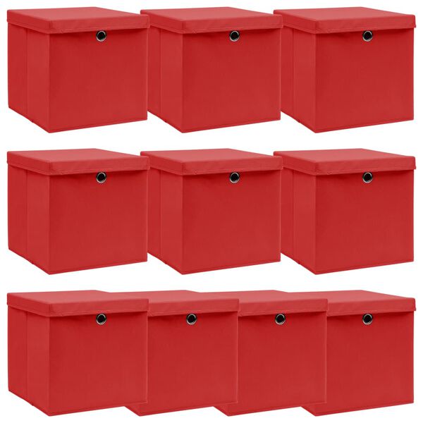 vidaXL Caixas de arrumação com tampas 10pcs 32x32x32cm tecido vermelho