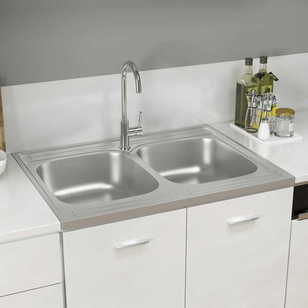 vidaXL Lava-lou&ccedil;a cozinha + cuba dupla 800x600x155mm a&ccedil;o inox prateado