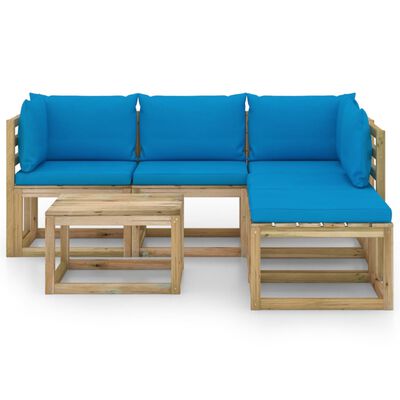 vidaXL 6 pcs conjunto lounge de jardim c/ almofadões azuis