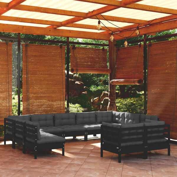 vidaXL 11 pcs conjunto lounge jardim c/ almofad&otilde;es pinho maci&ccedil;o preto