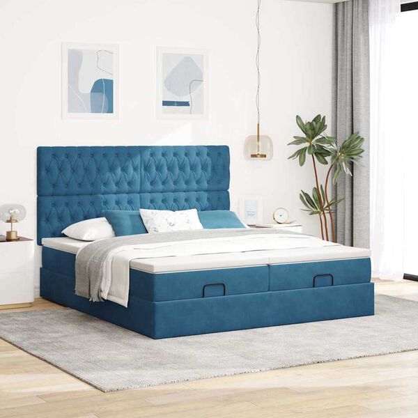 vidaXL Estrutura de cama otomana com colch&atilde;o azul escuro Veludo
