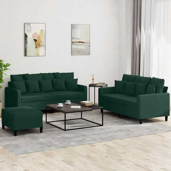 vidaXL 3 pcs conjunto de sof&aacute;s com almofad&otilde;es veludo verde-escuro