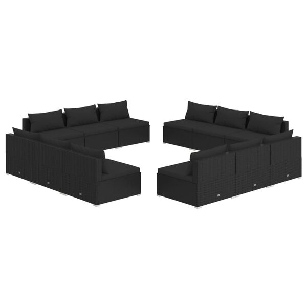 vidaXL 12 pcs conjunto lounge de jardim c/ almofadões vime PE preto