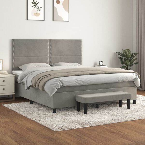vidaXL Cama com molas/colch&atilde;o 160x200 cm veludo cinzento-claro