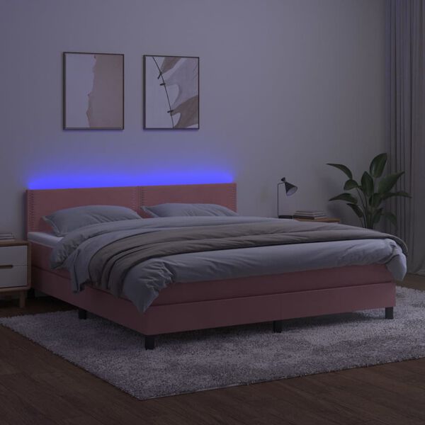 vidaXL Cama box spring c/ colch&atilde;o/LED 160x200 cm veludo rosa