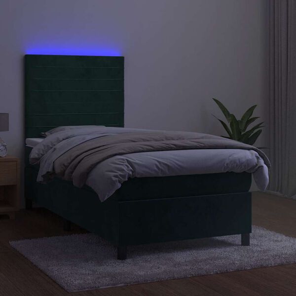 vidaXL Cama box spring c/ colch&atilde;o/LED 80x200 cm veludo verde-escuro