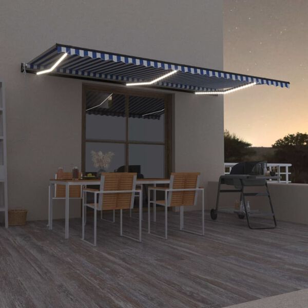 vidaXL Toldo automático LED e sensor de vento 600x300 cm azul e branco