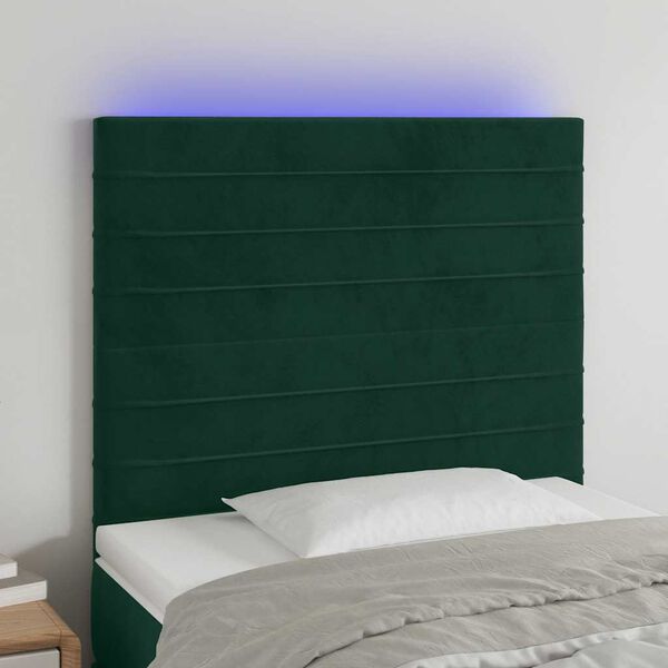 vidaXL Cabeceira de cama c/ LED veludo 80x5x118/128 cm verde-escuro