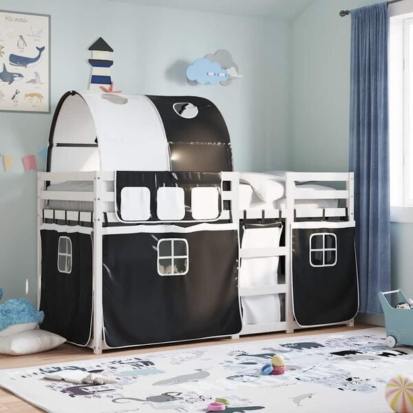 vidaXL Beliche com cortinas 90x190 cm pinho maciço branco e preto