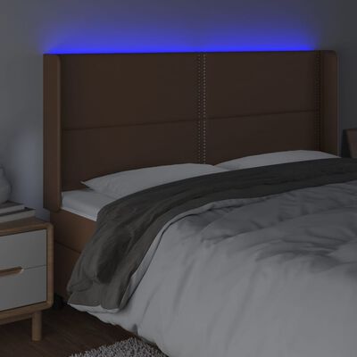 vidaXL Cabeceira cama c/ LED couro artif. 183x16x118/128 cm castanho