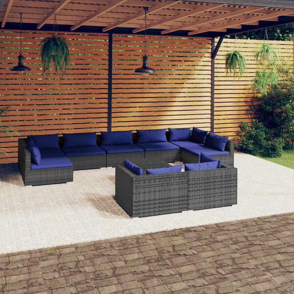 vidaXL 10 pcs conjunto lounge de jardim c/ almofad&otilde;es vime PE cinzento
