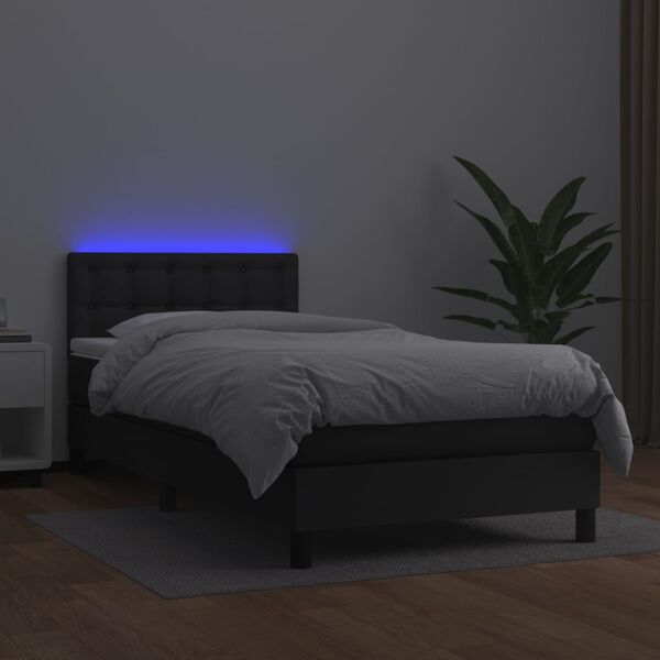 vidaXL Cama box spring c/ colchão/LED 90x190 cm couro artificial preto