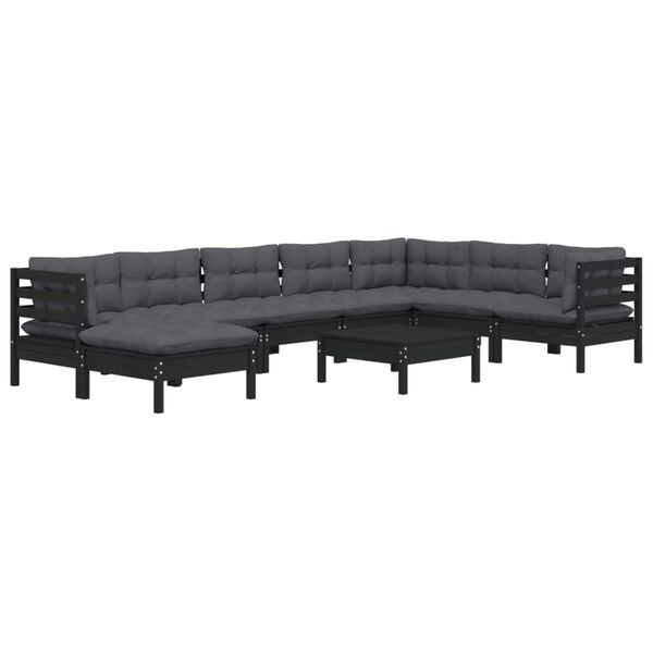 vidaXL 9 pcs conjunto lounge jardim c/ almofad&otilde;es pinho maci&ccedil;o preto