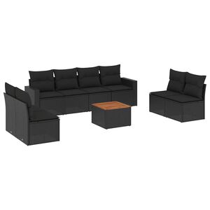 vidaXL 9 pcs conjunto de sof&aacute;s p/ jardim c/ almofad&otilde;es vime PE preto