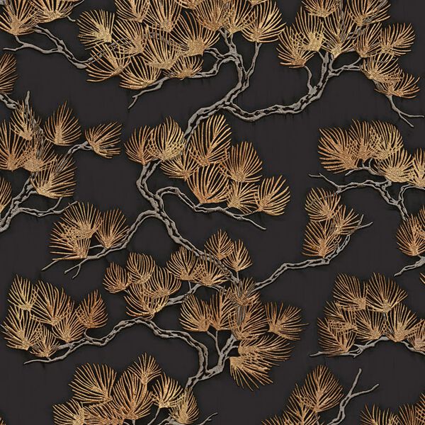 DUTCH WALLCOVERINGS Papel de parede efeito pinheiros preto e dourado