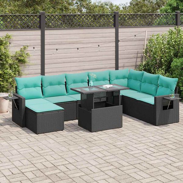 vidaXL 9 pcs conjunto sof&aacute;s p/ jardim almofad&otilde;es vime PE/ac&aacute;cia preto