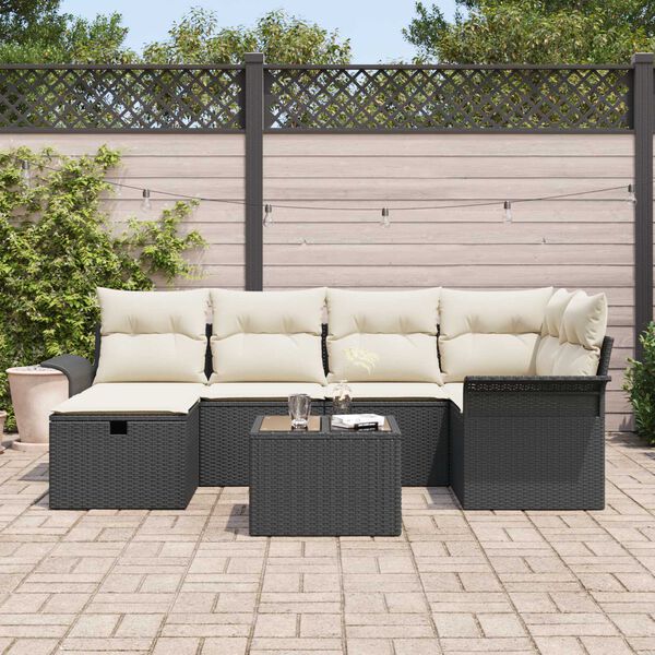 vidaXL Conjunto de Sof&aacute; de Jardim Manual 7 pcs Preto e Creme vime PE