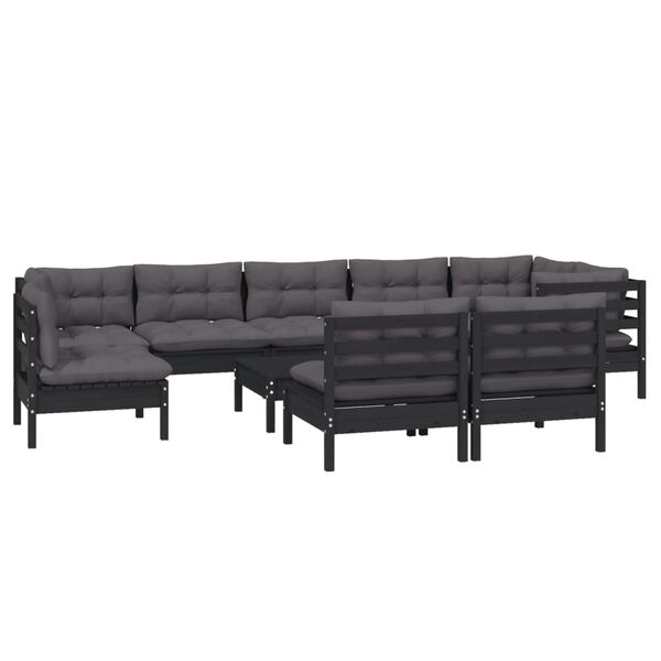 vidaXL 10 pcs conjunto lounge jardim c/ almofad&otilde;es pinho maci&ccedil;o preto