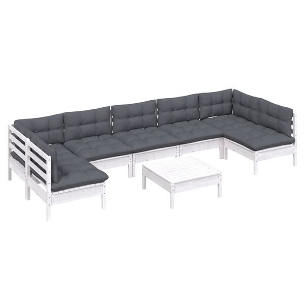 vidaXL 8 pcs conj. lounge de jardim c/ almofad&otilde;es pinho maci&ccedil;o branco