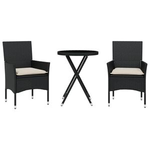 vidaXL 3 pcs conjunto de bistr&ocirc; com almofad&otilde;es vime PE/vidro preto