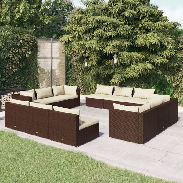 vidaXL 12 pcs conjunto lounge jardim c/ almofad&otilde;es vime PE castanho
