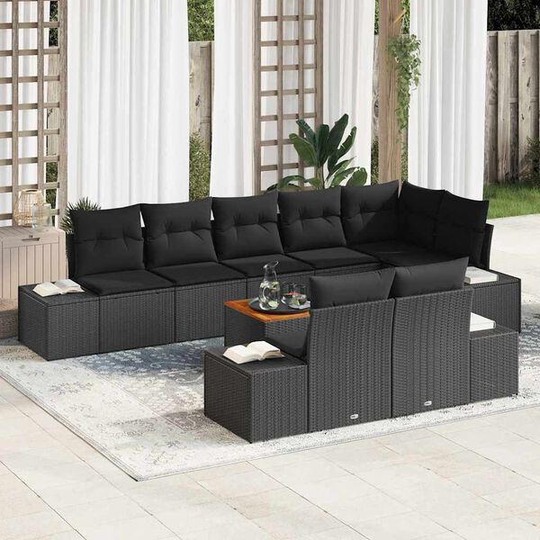 vidaXL Conjunto de Sof&aacute; de Jardim com almofada 9 pcs Preto vime PE
