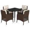 vidaXL 5 pcs conjunto jantar p/ jardim c/ almofad&otilde;es vime PE castanho