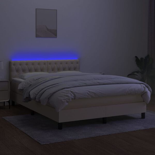 vidaXL Cama box spring c/ colch&atilde;o e LED 140x190 cm tecido cor creme