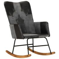 vidaXL Cadeira de baloiço couro genuíno e lona preto