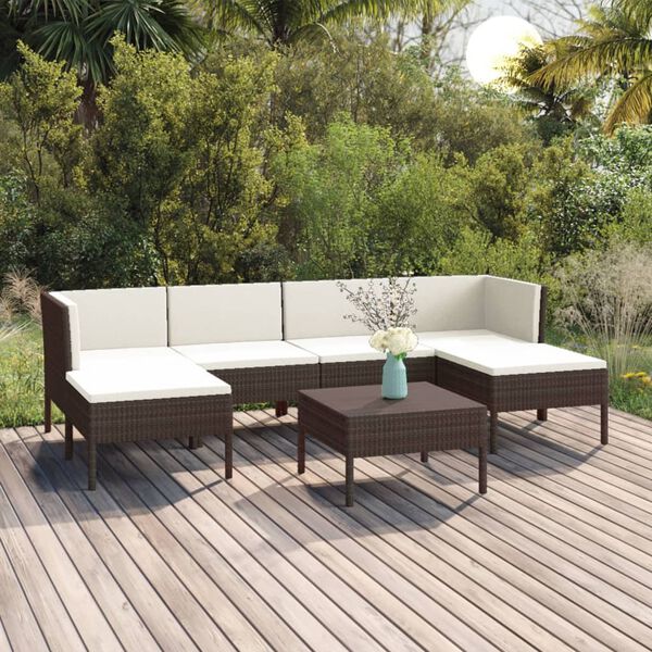 vidaXL 7 pcs conjunto lounge jardim c/ almofad&otilde;es vime PE castanho