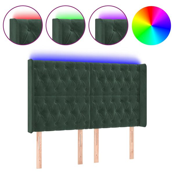 vidaXL Cabeceira de cama c/ LED veludo 147x16x118/128 cm verde-escuro