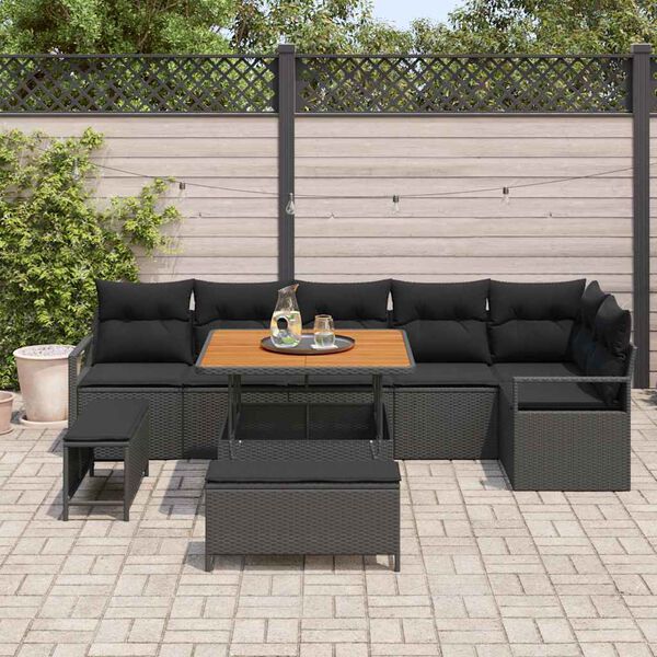 vidaXL Conjunto de Sof&aacute; de Jardim 9 pcs Preto Rattan Sint&eacute;tico