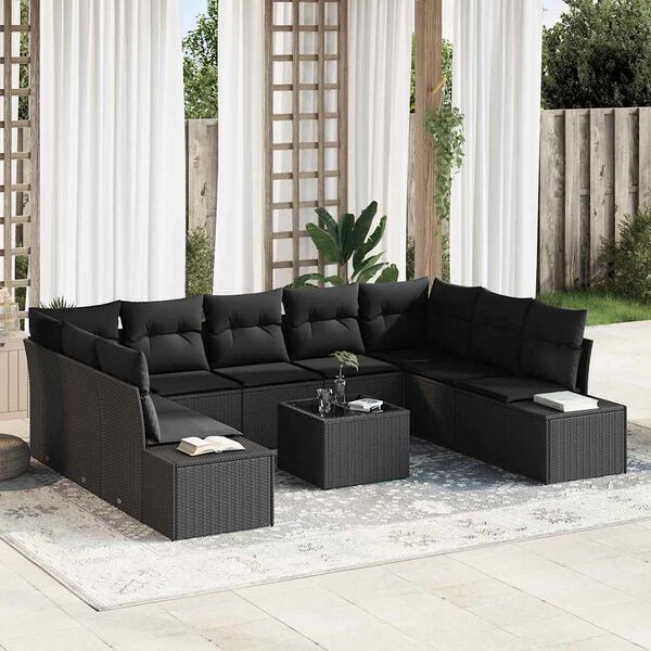 vidaXL Conjunto de Sofá de Jardim com almofada 9 pcs Preto Polirattan