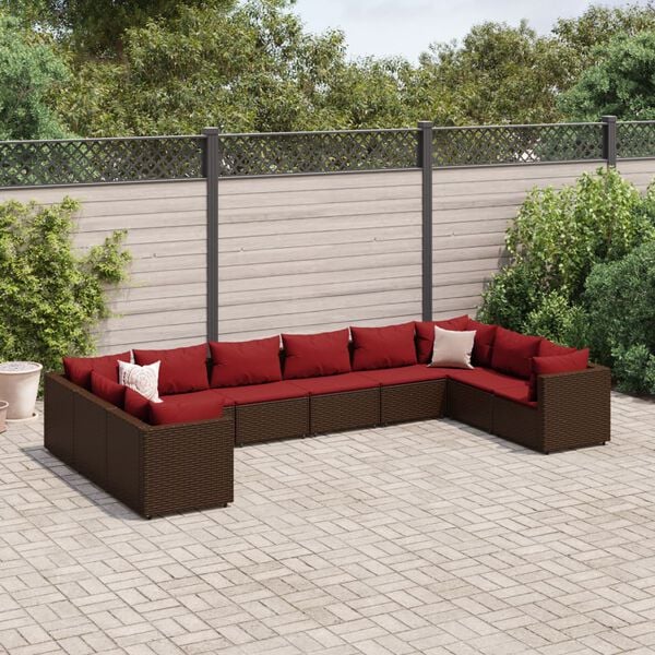 vidaXL 10 pcs conjunto lounge jardim c/ almofadões vime PE castanho